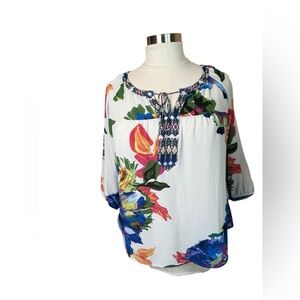 Fig And Flower Womens  Multicolor Floral 3/4 Sleeve Plus 2X Cottagecore Bohemian
